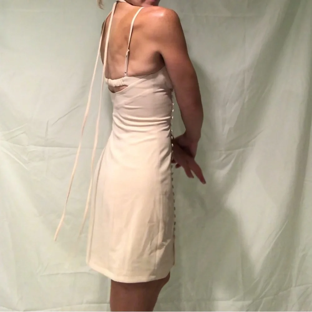 Jonathan Simkhai: Cream Ribbed Ruched Mini Dress - Picture 4 of 6
